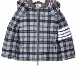Børn Thom Browne Kids Skotskternet Frakke Med Hætte Og 4-Bar-detalje