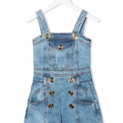 Børn Balmain Kids Playsuit I Denim Med Prægede Knapper