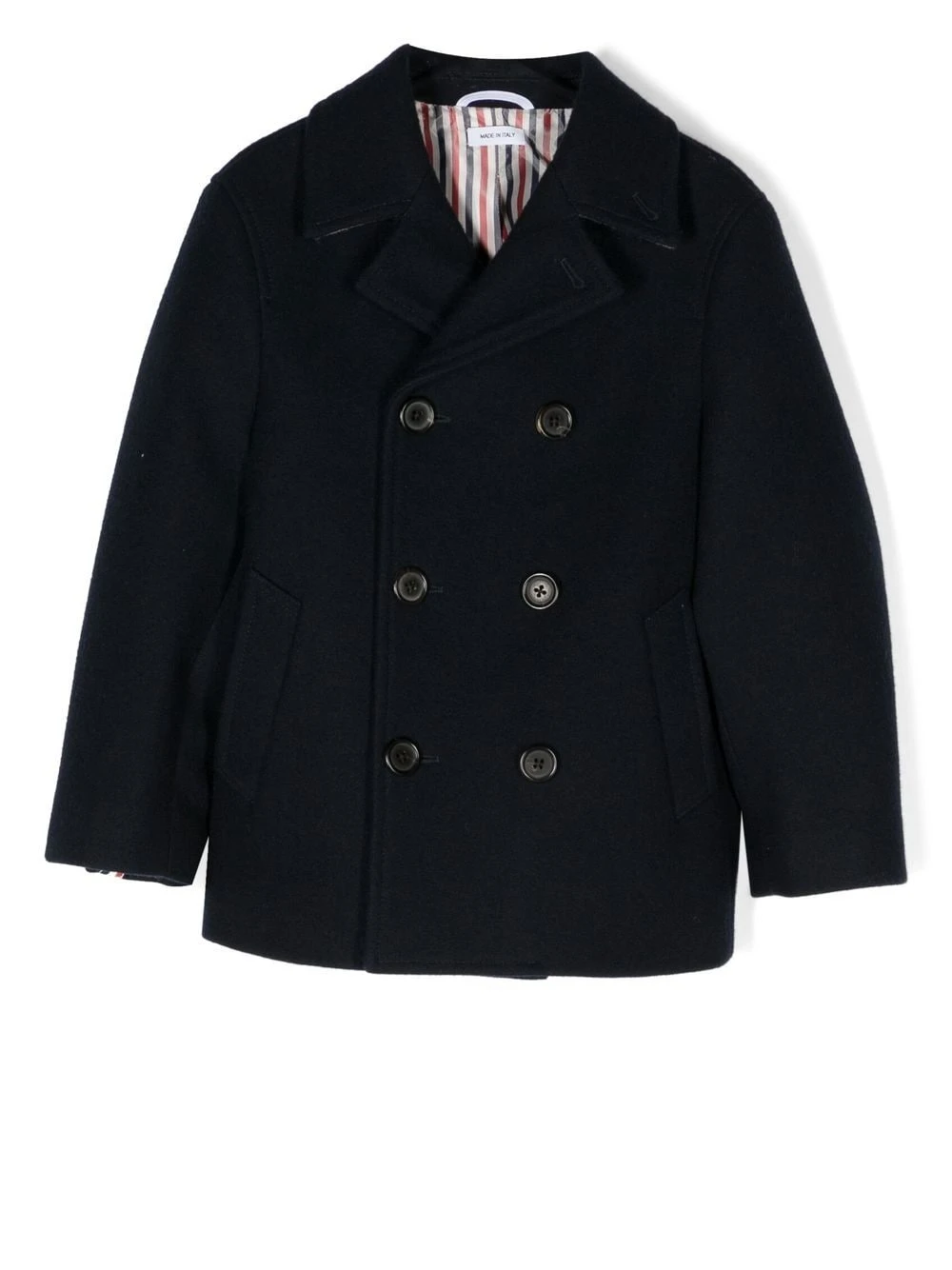 Børn Thom Browne Kids Dobbeltradet Peacoat-frakke 1 Børn Thom Browne Kids Dobbeltradet Peacoat-frakke